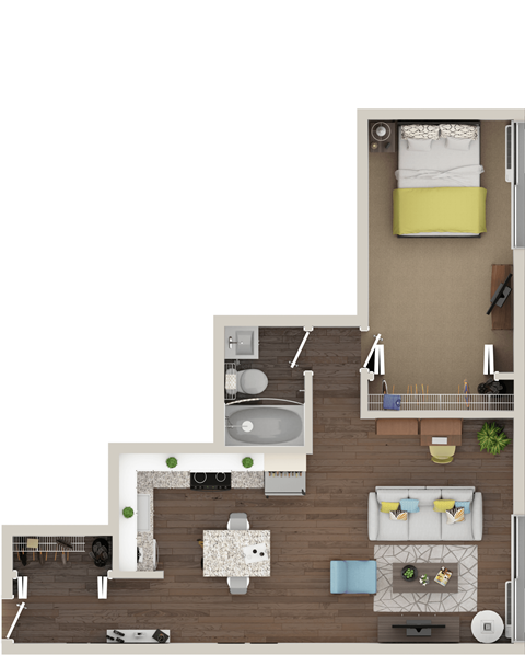 A top-down view of a small apartment with a kitchen, living room, and bedroom.
